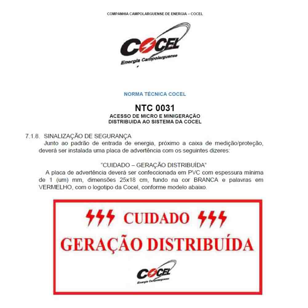 Placa Cuidado Geração Distribuida Padrão COCEL