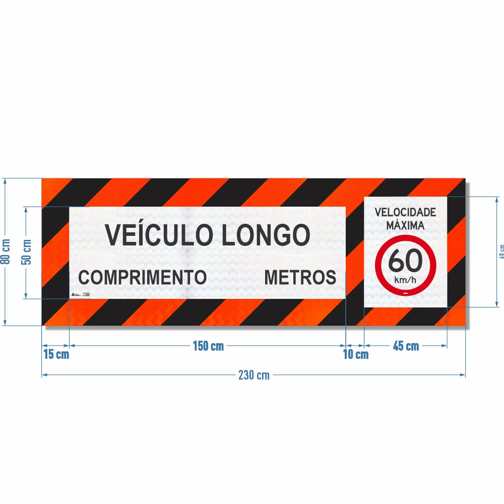 Faixa Adesiva Refletivo Traseiro "Veículo Longo - Comprimento Excedente e Velocidade" CONTRAN 882 (2,30 x 0,80 m)