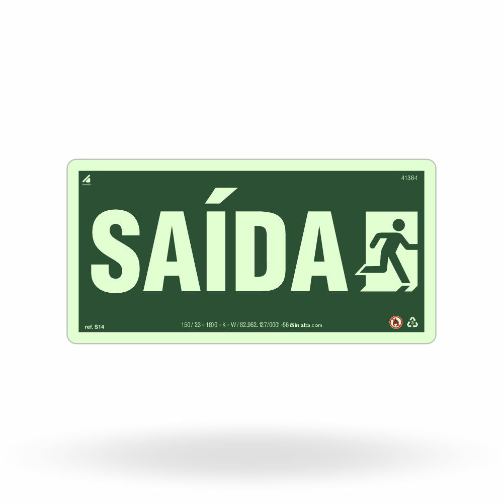 Placa Rota de Fuga "Saída" Fotoluminescente S14 com ColorAdd