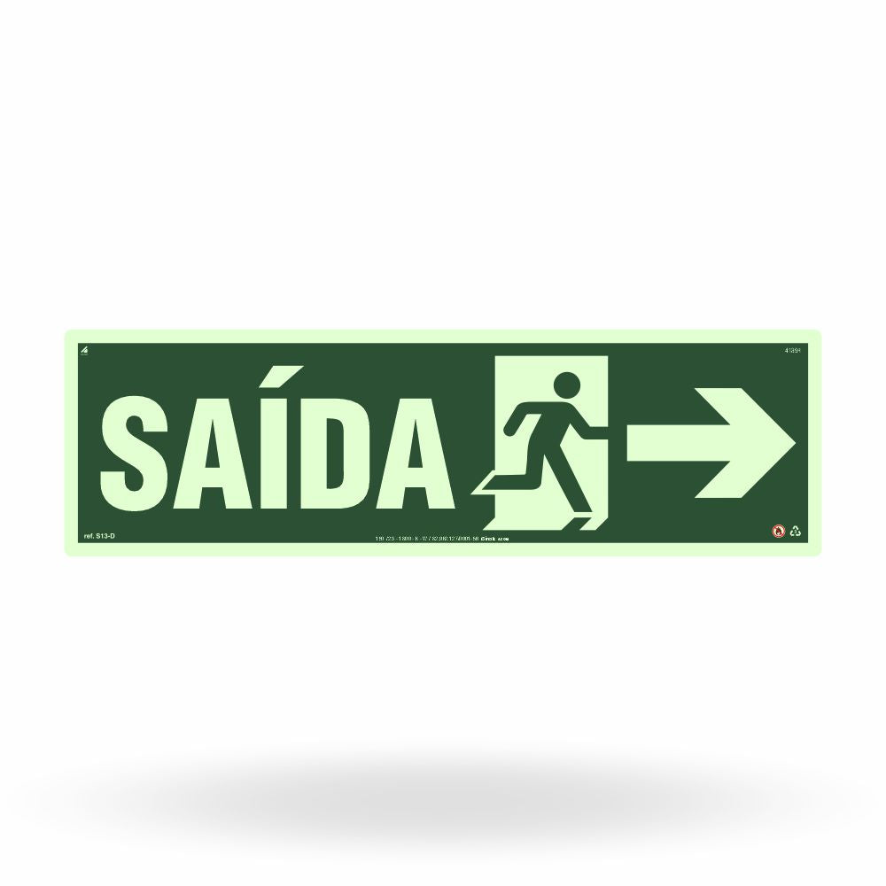 Placa Rota de Fuga "Saída à Direita" Fotoluminescente S13-D com ColorAdd