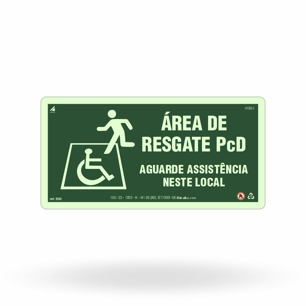Placa "Área de Resgate para PCD" Fotoluminescente S50 com ColorAdd