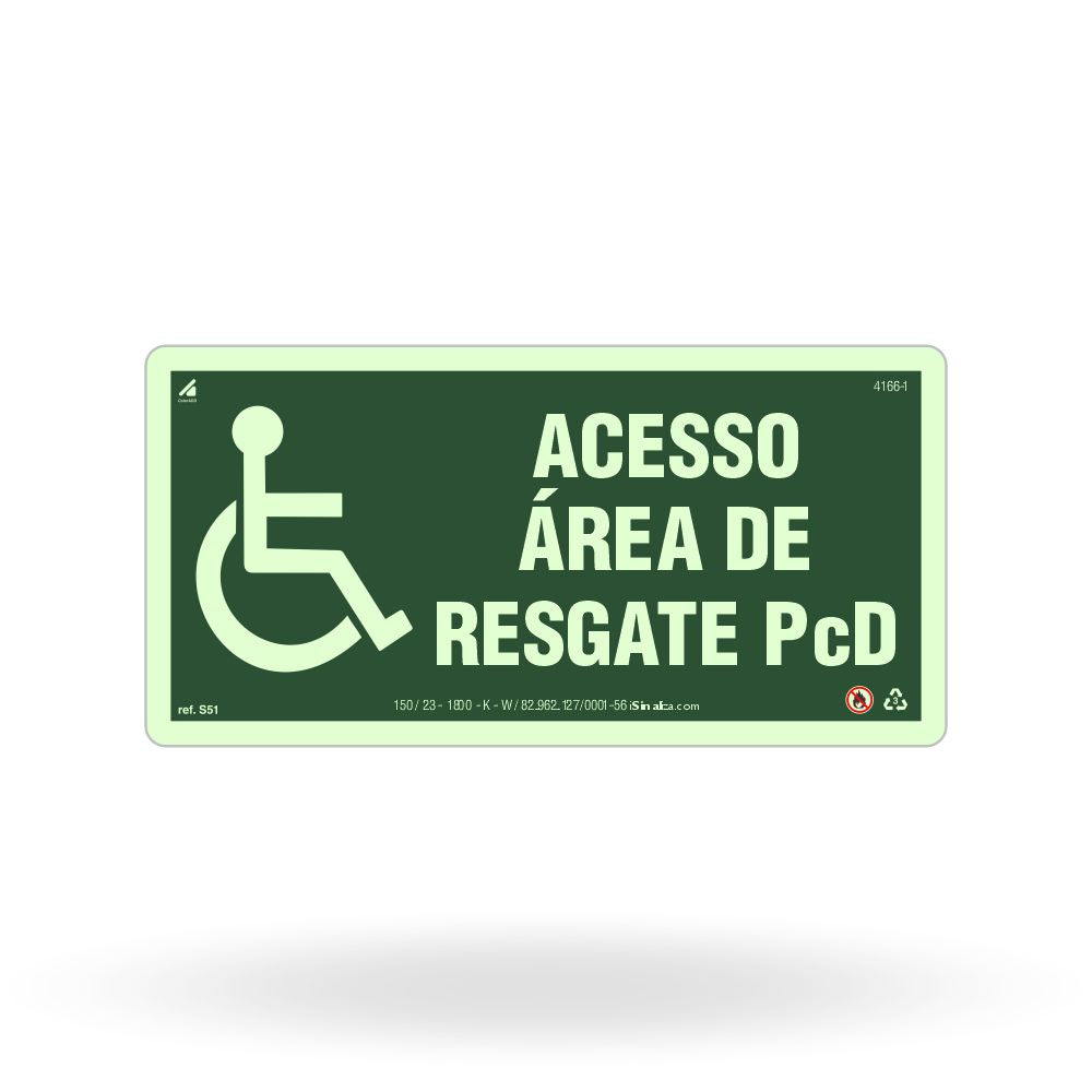 Placa "Acesso à Área de Resgate" Fotoluminescente S51 com ColorAdd