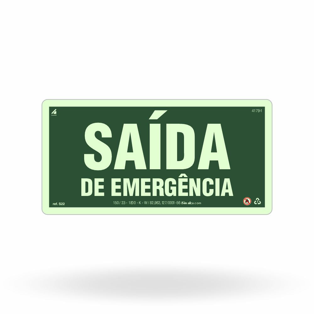 Placa "Saída de Emergência" Fotoluminescente S22 com ColorAdd