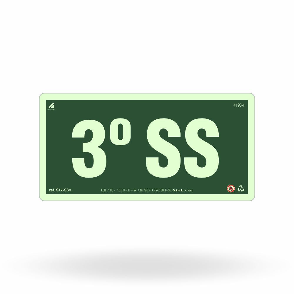 Placa de Andar "3º Subsolo" Fotoluminescente S17-SS3 com ColorAdd