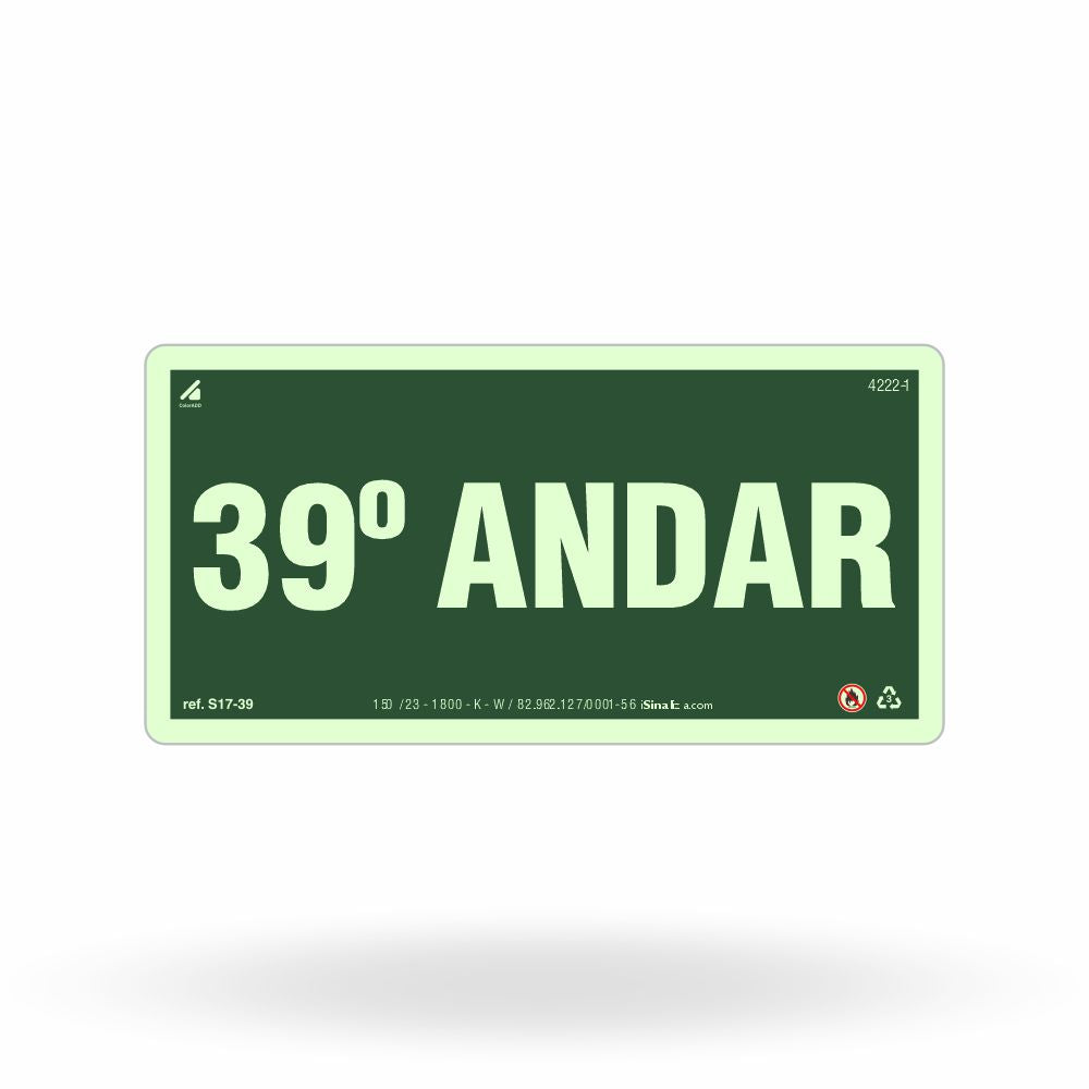 Placa "39º Andar" Fotoluminescente S17-39 com ColorAdd