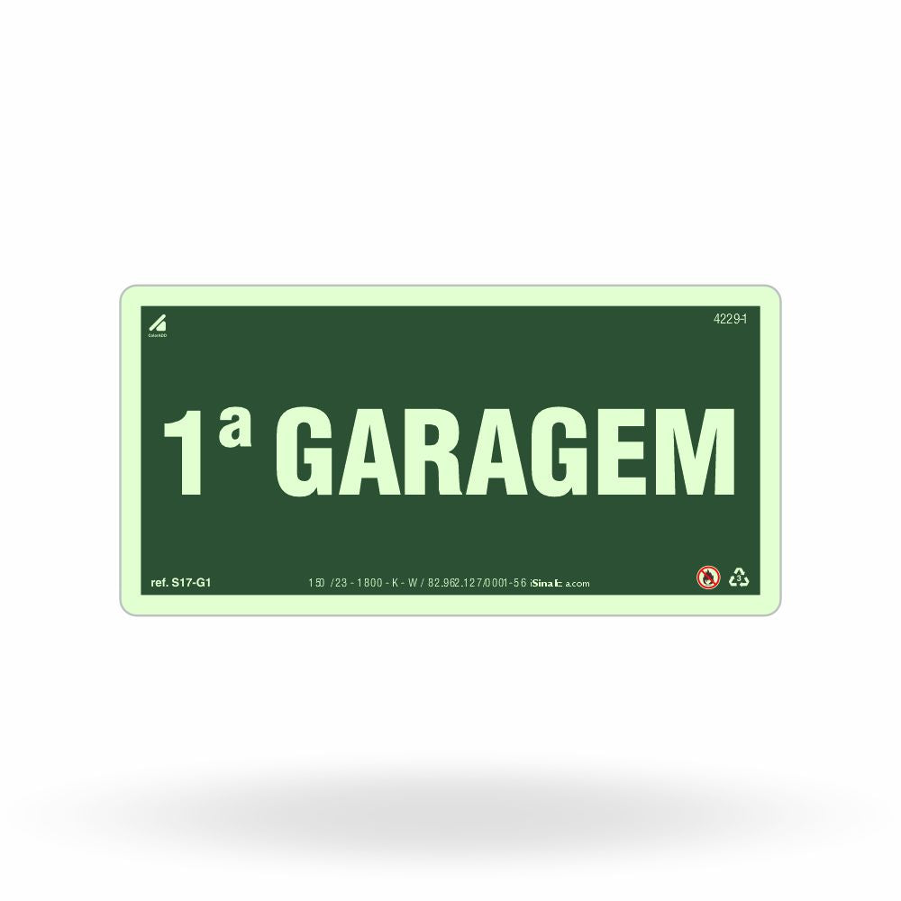 Placa "1ª Garagem" Fotoluminescente S17-G1 com ColorAdd