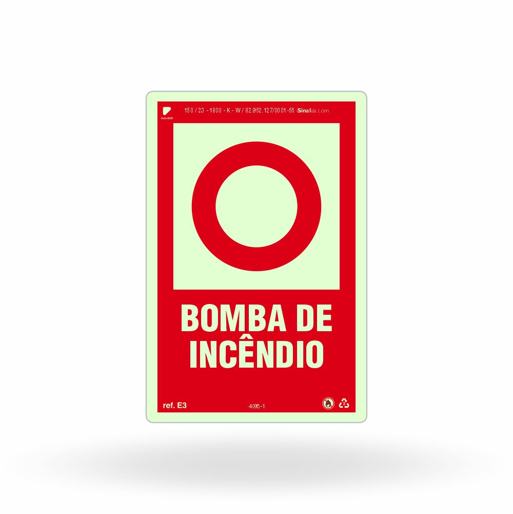 Placa "Bomba de Incêndio" Fotoluminescente E3 com ColorAdd