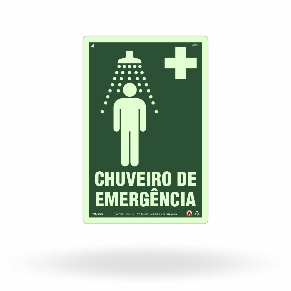 Placa "Chuveiro de Emergência" Fotoluminescente EM8 com ColorAdd