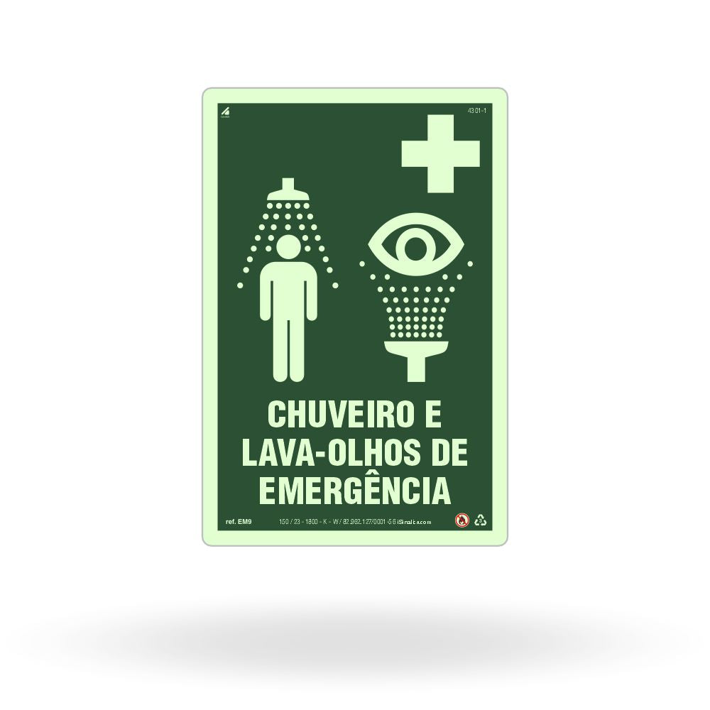 Placa "Chuveiro e Lava-Olhos de Emergência" Fotoluminescente EM9 com ColorAdd