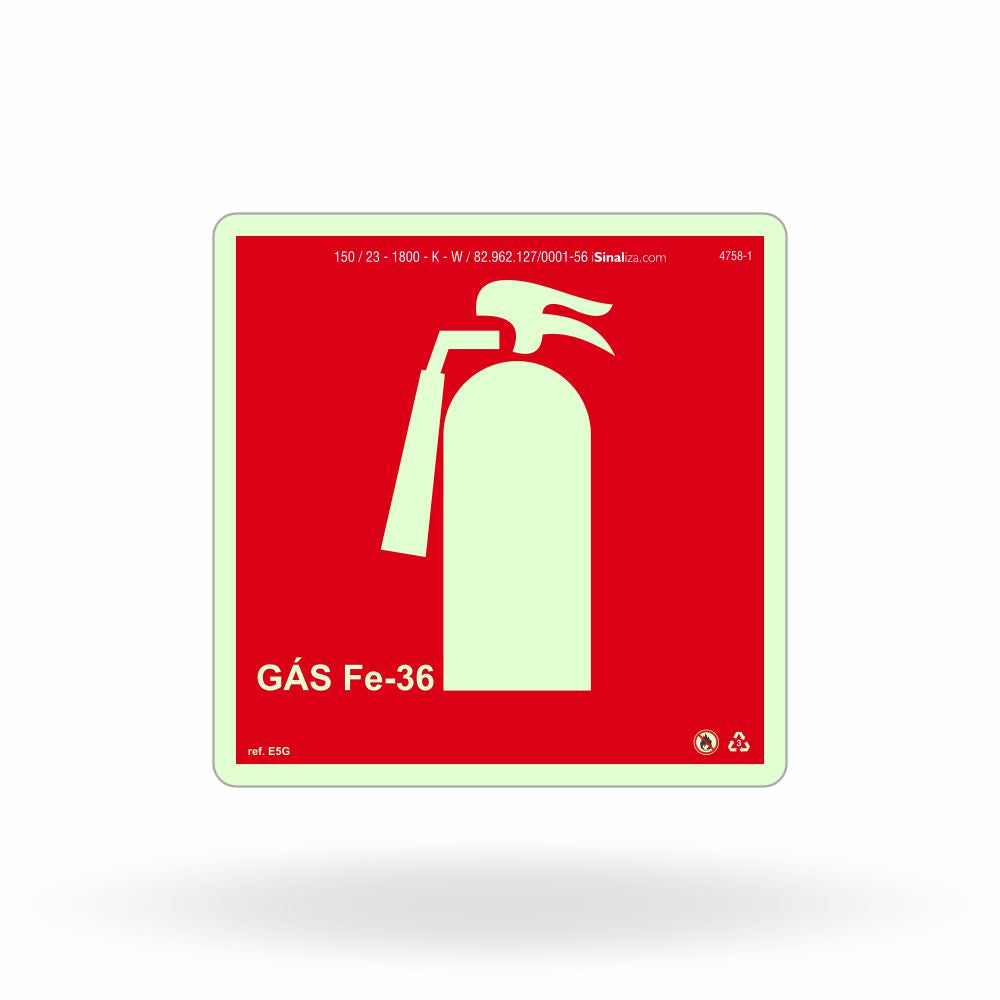Placa "Extintor Gás FE-36" Fotoluminescente E5G com ColorAdd
