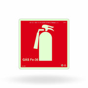 Placa "Extintor Gás FE-36" Fotoluminescente E5G com ColorAdd