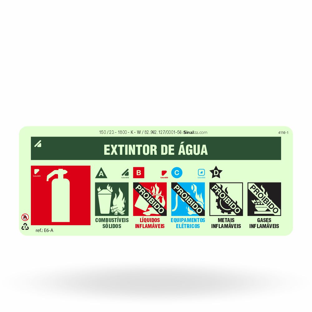 Placa "Extintor Água" Fotoluminescente E6-A com ColorAdd