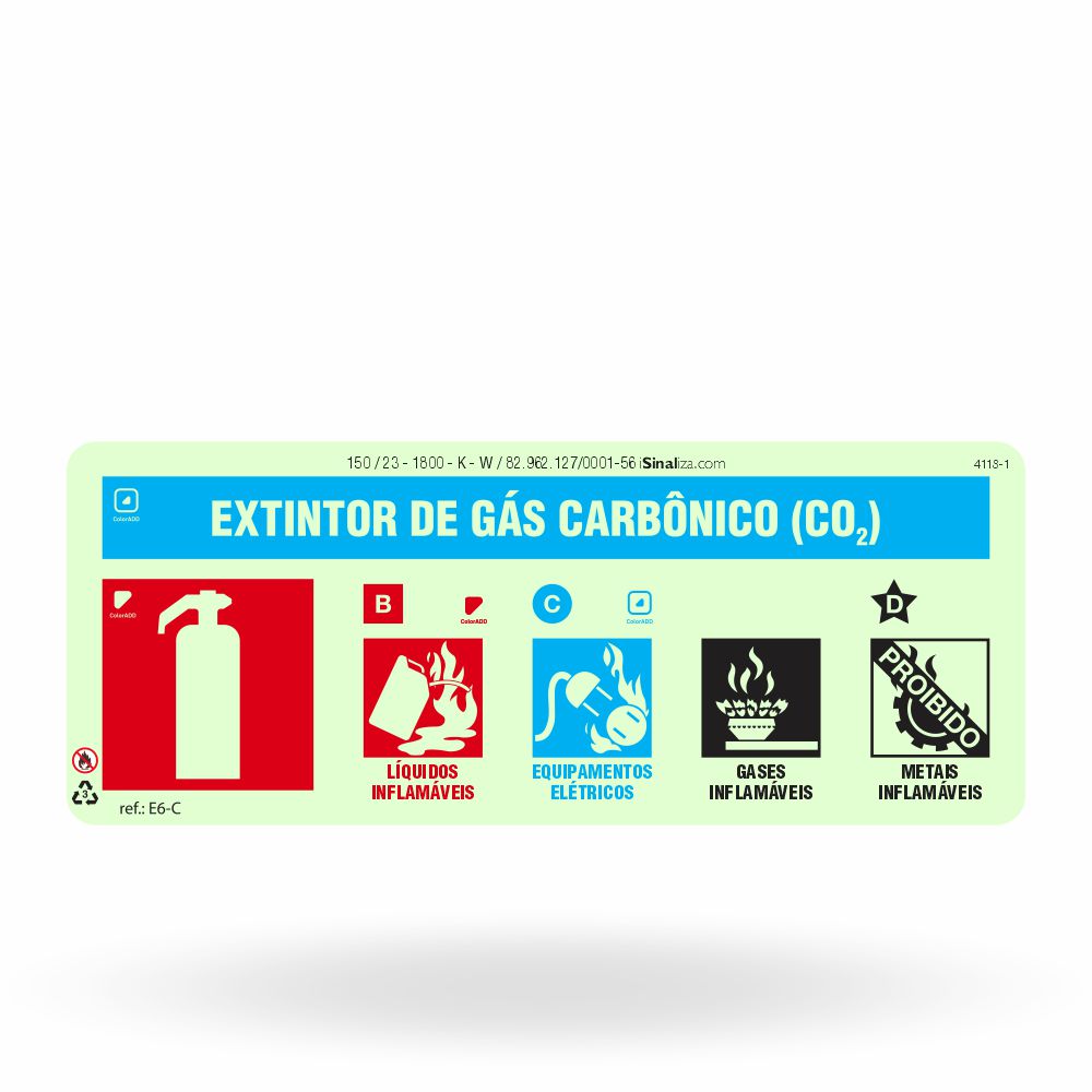 Placa "Extintor Gás Carbônico" Fotoluminescente E6-C com ColorAdd