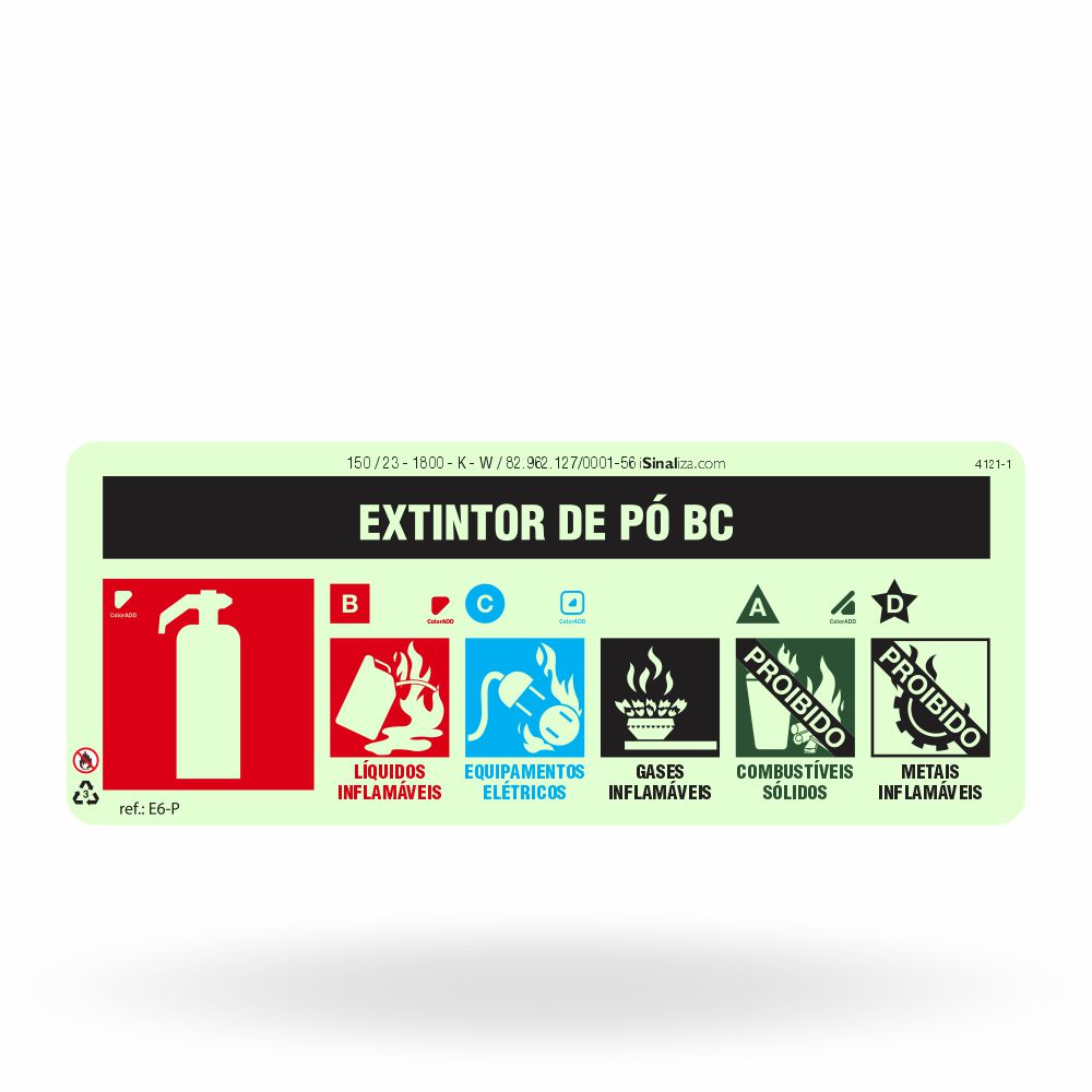 Placa "Extintor Pó BC" Fotoluminescente E6-P com ColorAdd