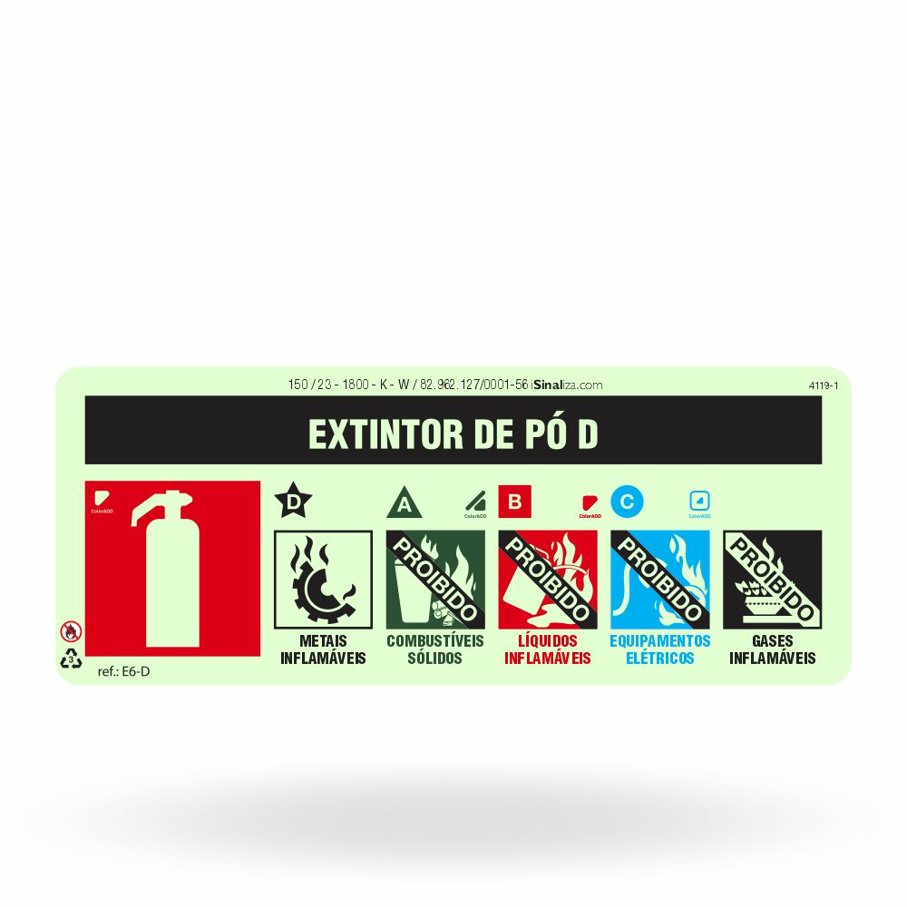 Placa "Extintor Pó D" Fotoluminescente E6-D com ColorAdd