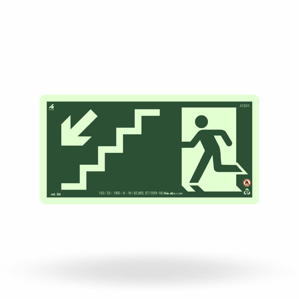 Placa Rota de Fuga "Escada Desce à Esquerda" S9 com ColorAdd