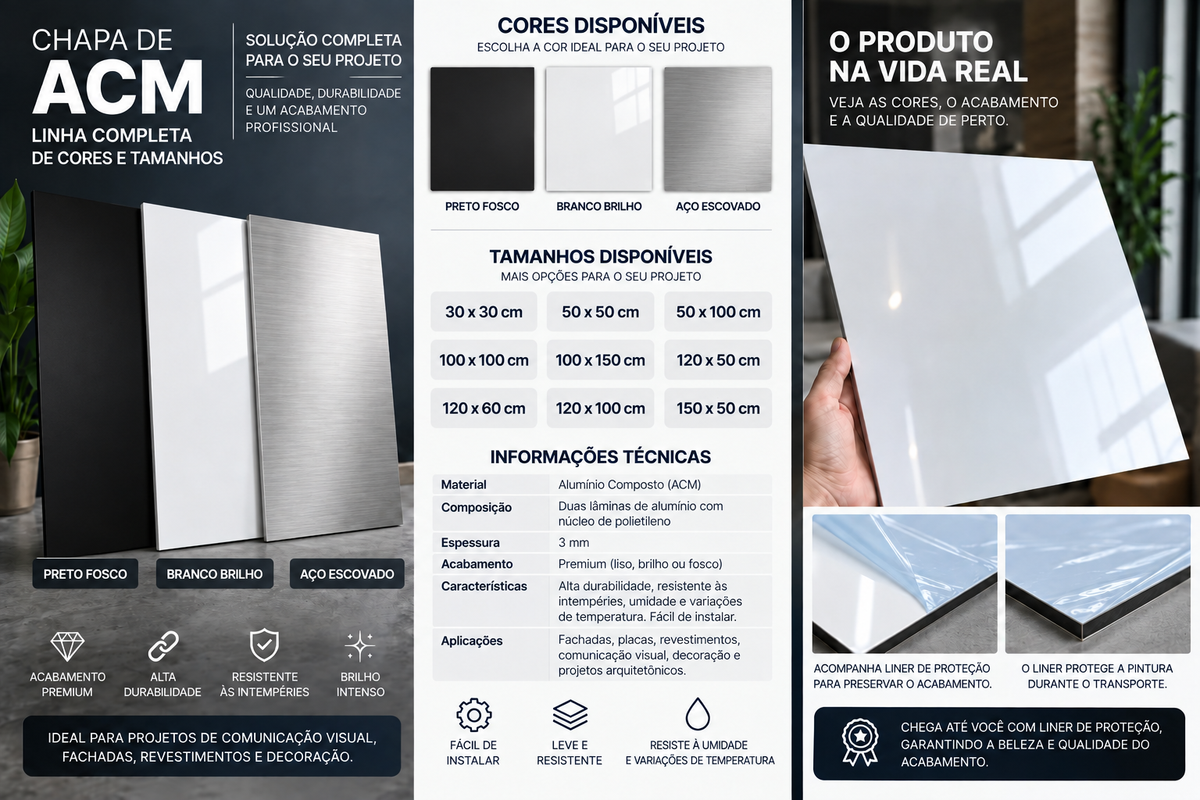 Chapa de ACM 3mm – Preto, Branco e Aço Escovado