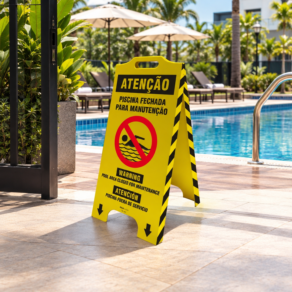Cavalete de Sinalização "Piscina Fechada para Manutenção" Trilíngue 58x28 cm