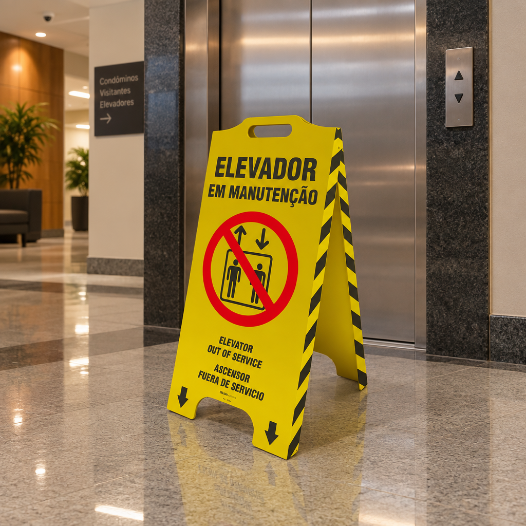 Cavalete de Sinalização "Elevador em Manutenção" Trilíngue 58x28 cm