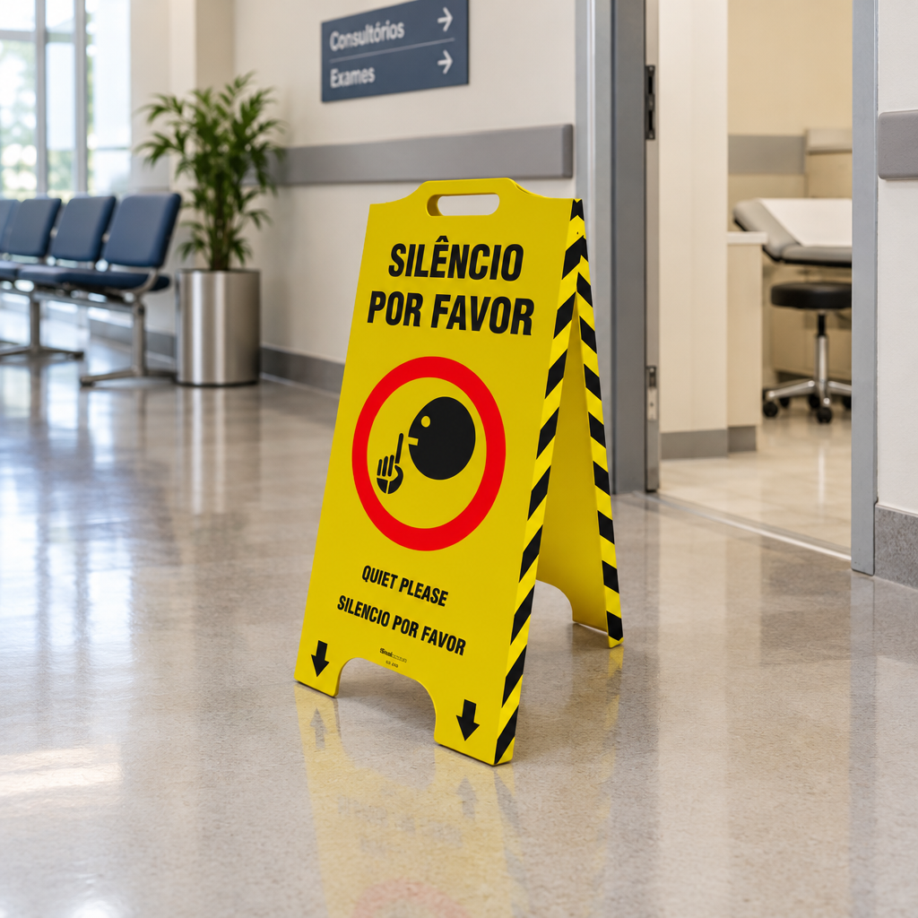 Cavalete de Sinalização "Silêncio por Favor" Trilíngue 58x28 cm