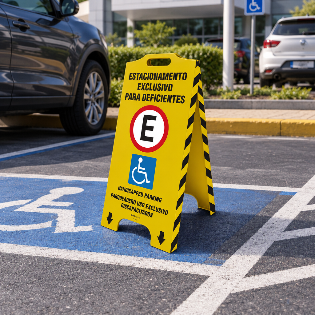 Cavalete de Sinalização "Estacionamento Exclusivo Deficientes" Trilíngue 58x28 cm