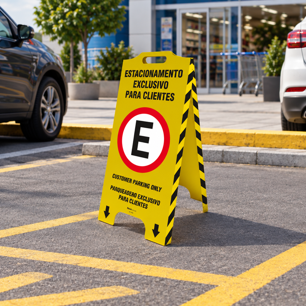 Cavalete de Sinalização "Estacionamento Exclusivo Clientes" Trilíngue 58x28 cm