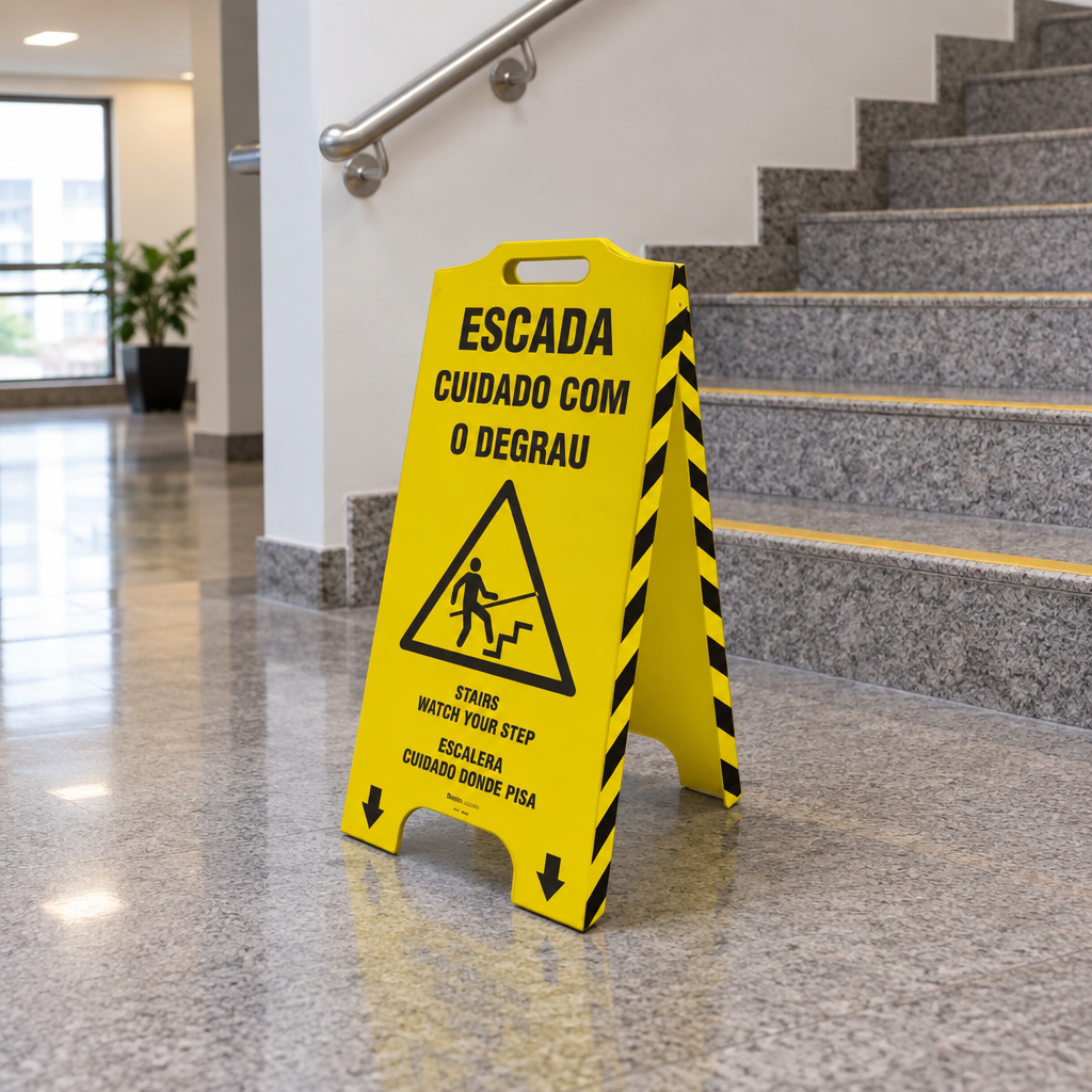 Cavalete de Sinalização "Cuidado com o Degrau" Trilíngue 58x28 cm