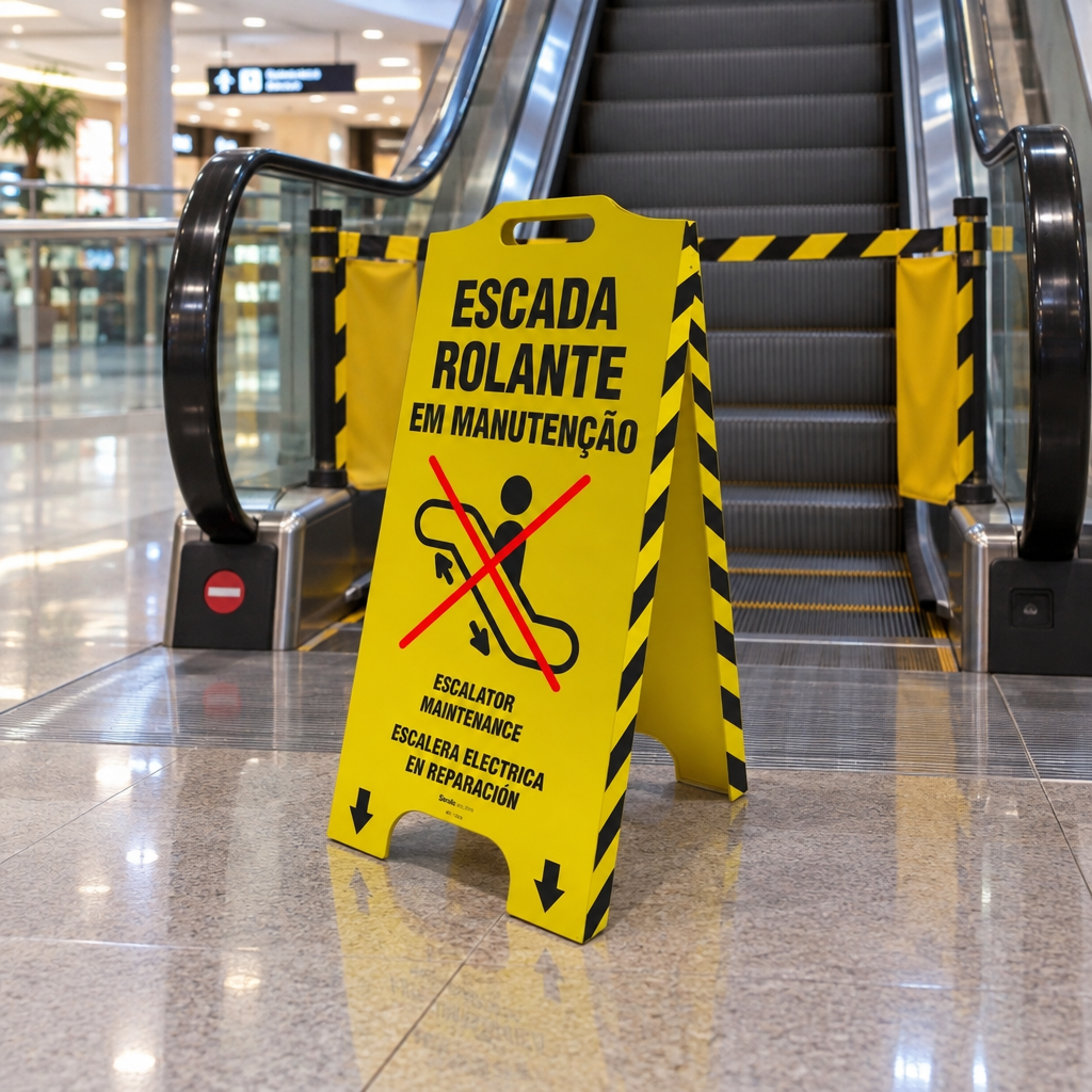 Cavalete de Sinalização "Escada Rolante em Manutenção" Trilíngue 58x28 cm