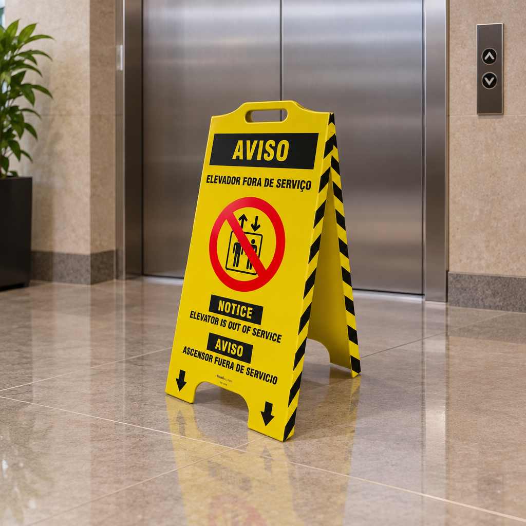 Cavalete de Sinalização "Elevador Fora de Serviço" Trilíngue 58x28 cm