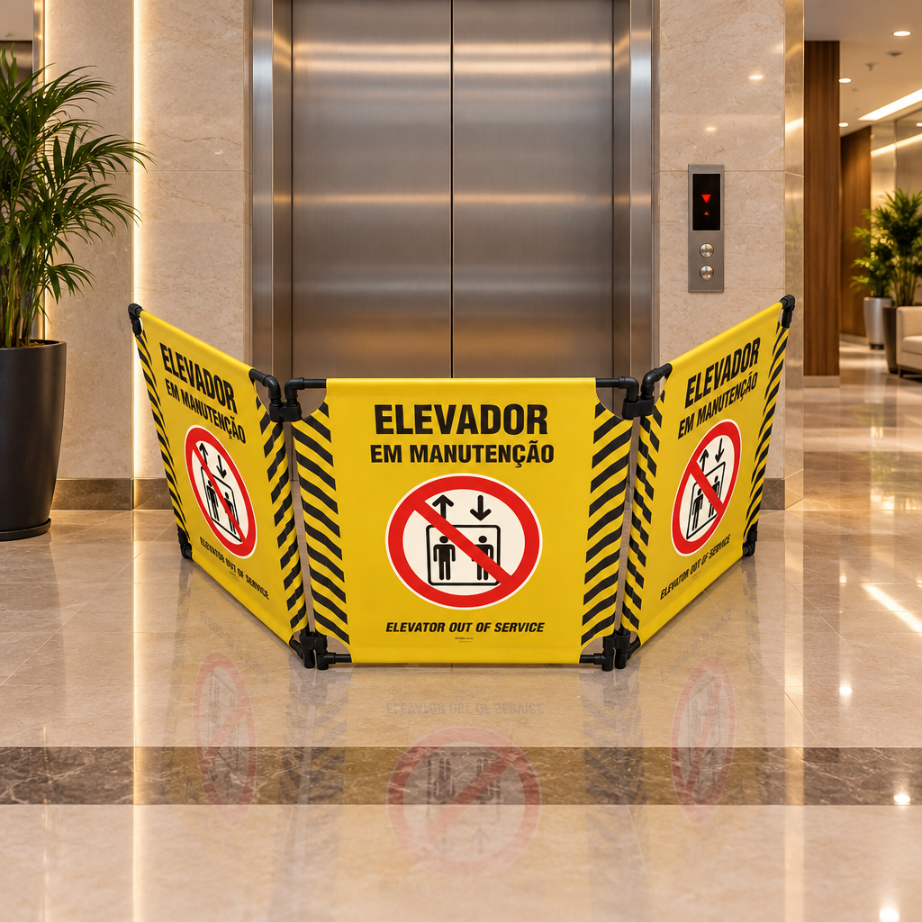 Biombo Articulado em PVC Preto "Elevador em Manutenção" - 204x78cm