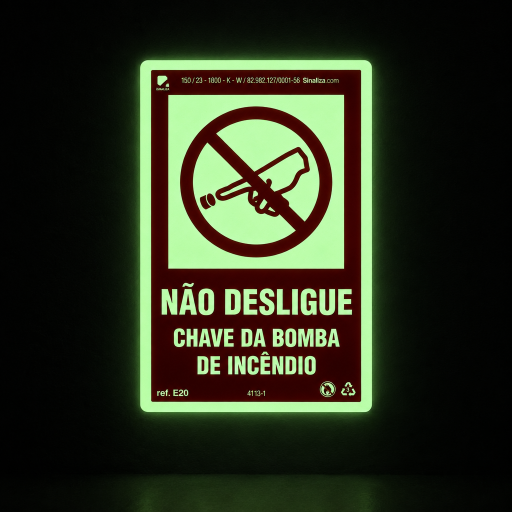 Placa "Não Desligue Chave da Bomba de Incêndio" Fotoluminescente E20 com ColorAdd