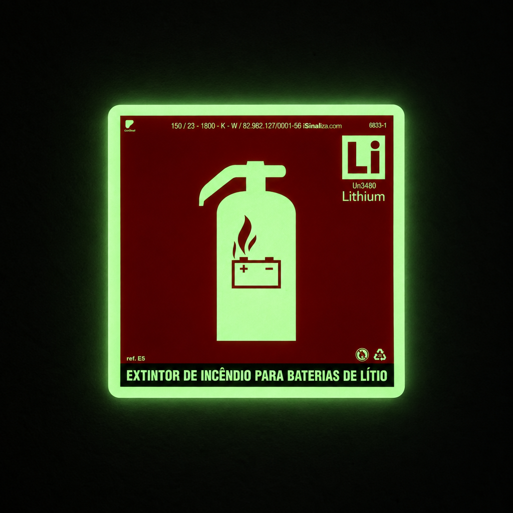 Placa "Extintor de Incêndio Lítio" Fotoluminescente E5 com ColorAdd