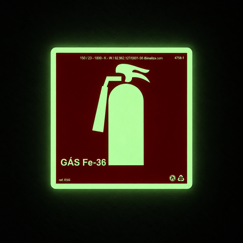 Placa "Extintor Gás FE-36" Fotoluminescente E5G com ColorAdd