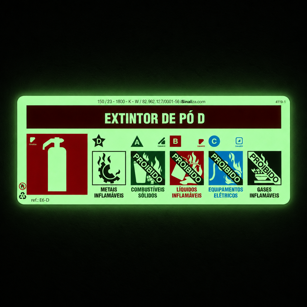 Placa "Extintor Pó D" Fotoluminescente E6-D com ColorAdd