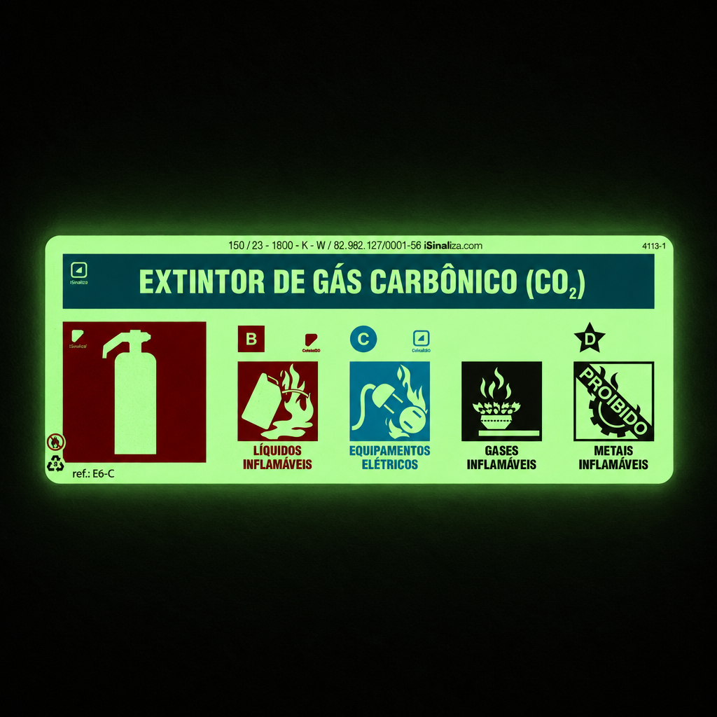 Placa "Extintor Gás Carbônico" Fotoluminescente E6-C com ColorAdd