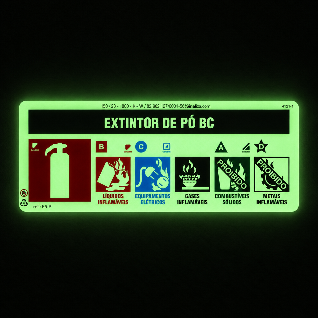 Placa "Extintor Pó BC" Fotoluminescente E6-P com ColorAdd