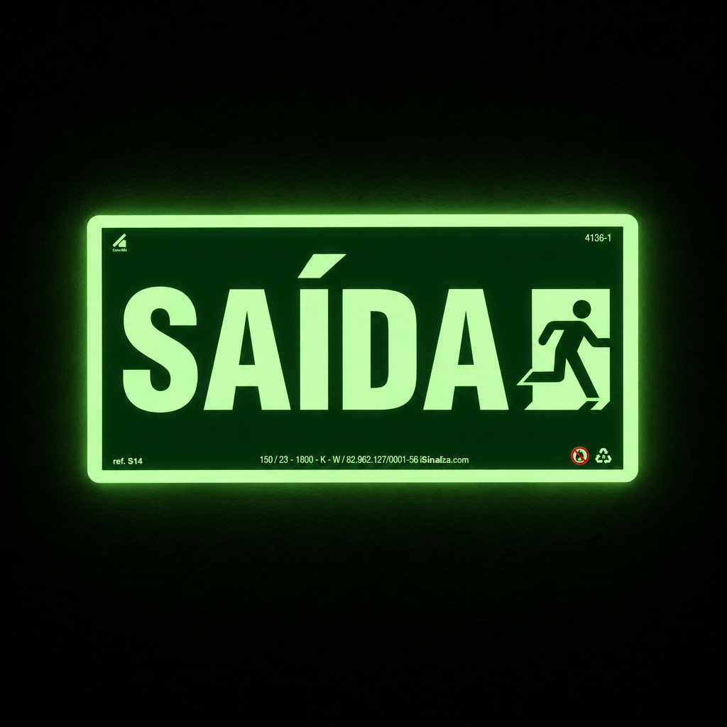 Placa Rota de Fuga "Saída" Fotoluminescente S14 com ColorAdd