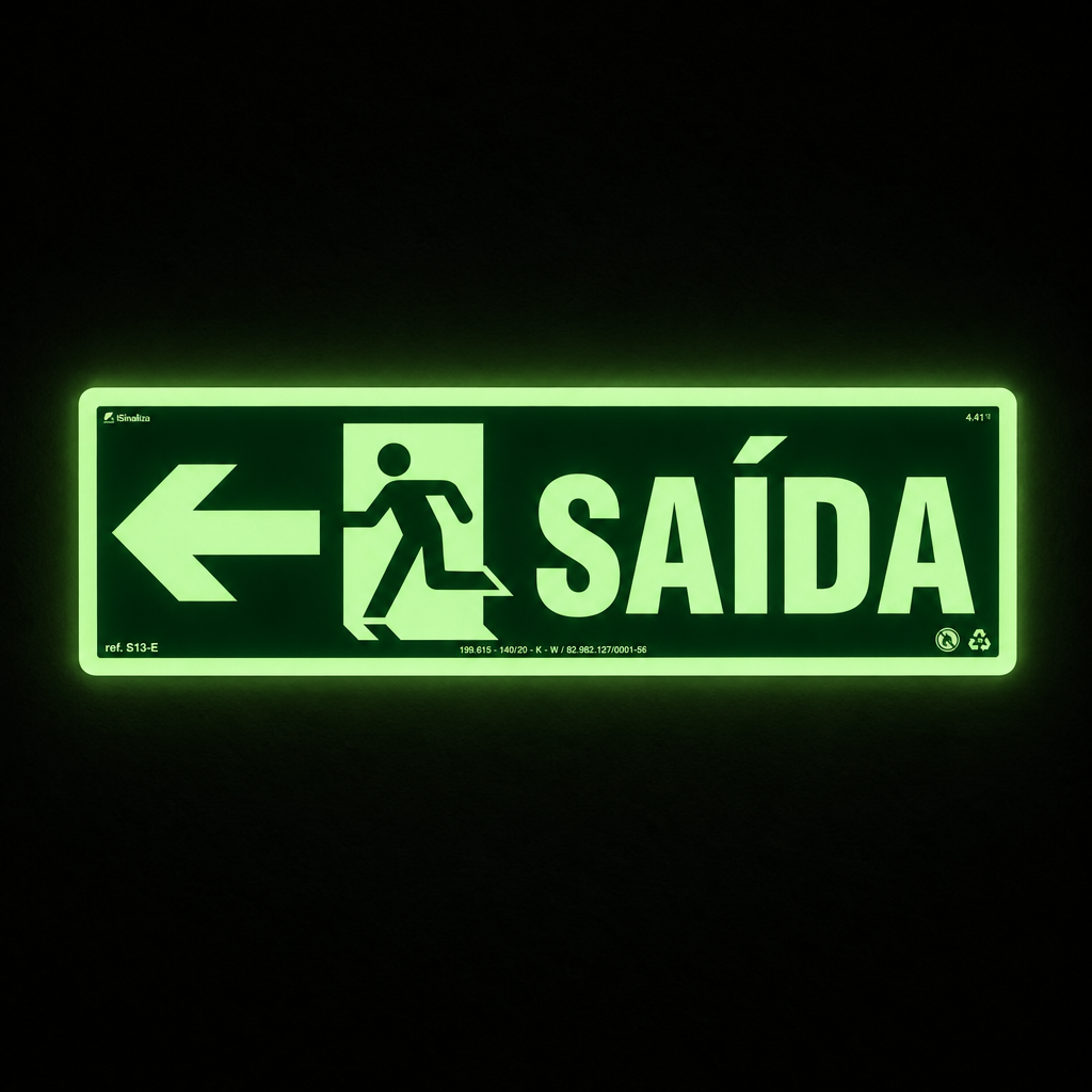 Placa Rota de Fuga "Saída à Esquerda" Fotoluminescente S13-E com ColorAdd