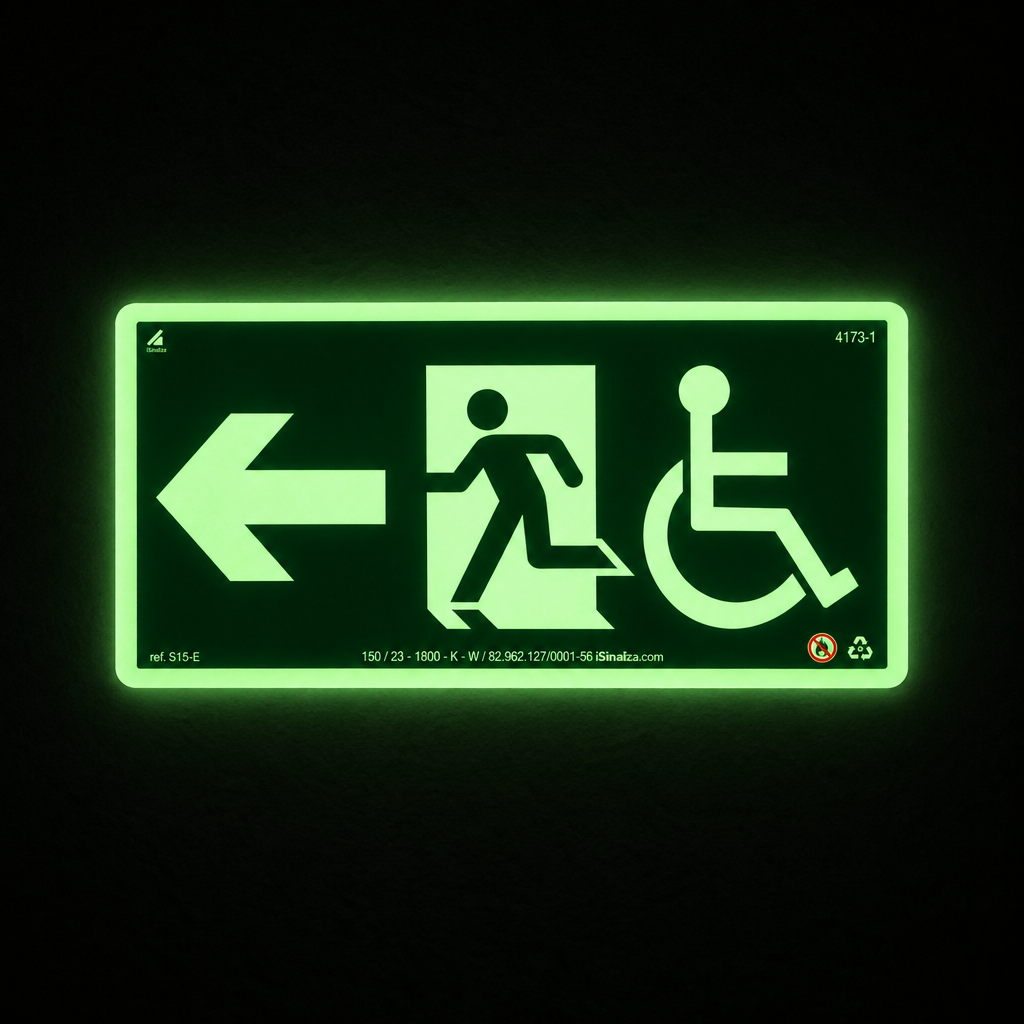 Placa Rota de Fuga Acessível "Saída à Esquerda" S15-E com ColorAdd