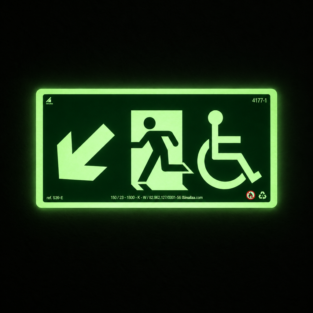 Placa Rota de Fuga "Desce à Esquerda" S39-E com ColorAdd