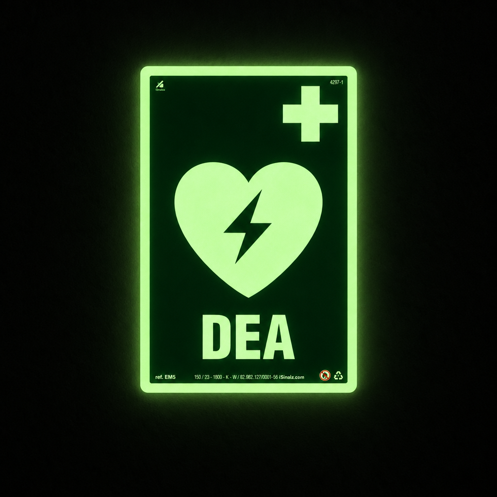 Placa "DEA - Desfibrilador" Fotoluminescente EM5 com ColorAdd