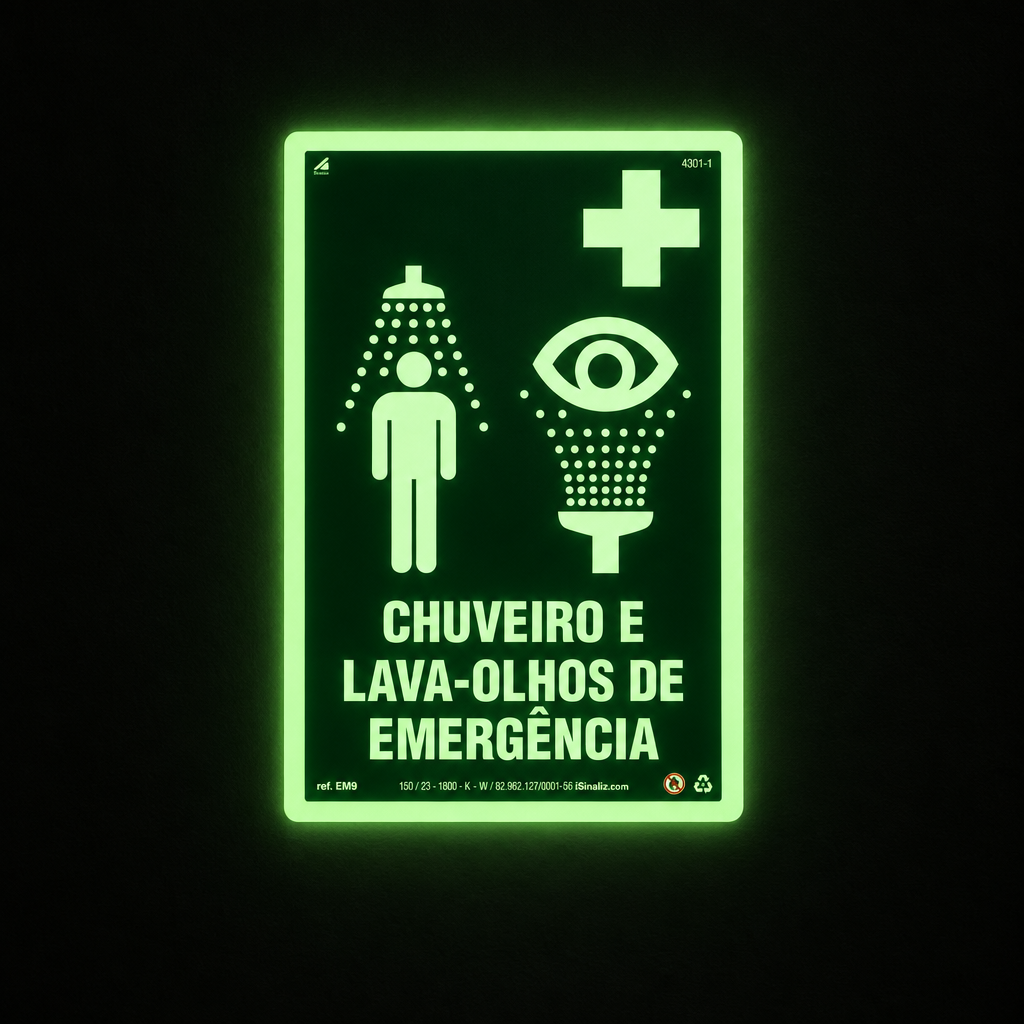 Placa "Chuveiro e Lava-Olhos de Emergência" Fotoluminescente EM9 com ColorAdd