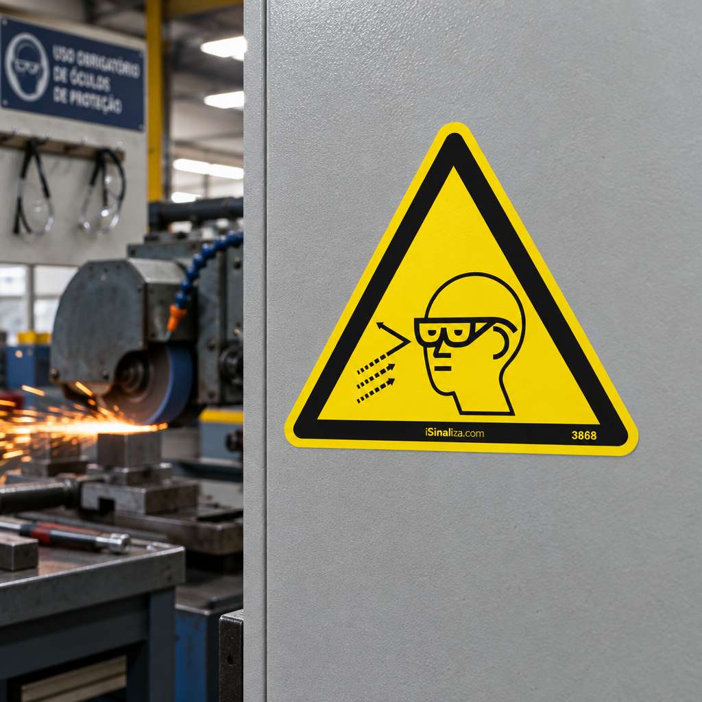 Etiqueta de Segurança "Partículas de Material pelo Ar - Use Proteção Ocular" - (Embalagem com 10 unidades)