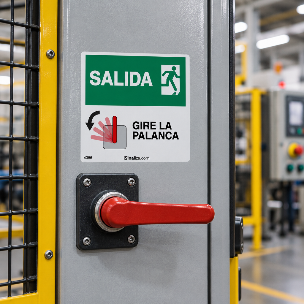 Etiqueta de Segurança "Salida - Gire la Palanca" (Espanhol) - (Embalagem com 10 unidades)