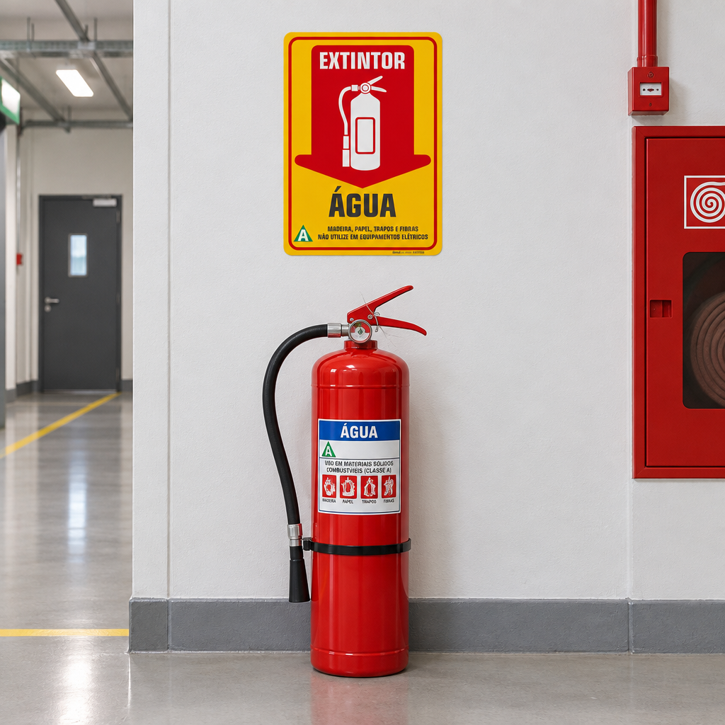 Placa de Sinalização de Extintor Água "Madeira, Papel, Trapos e Fibras - Não Utilize em Equipamentos Elétricos"