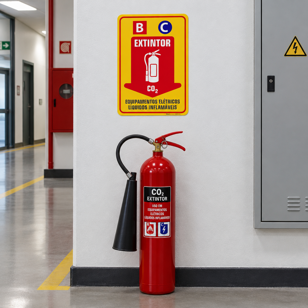 Placa de Sinalização de Extintor CO2 "Equipamentos Elétricos e Líquidos Inflamáveis"