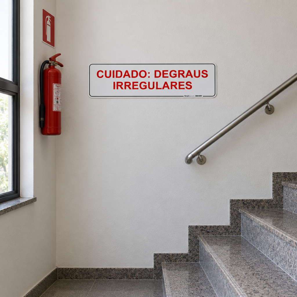 Placa de Sinalização "Cuidado: Degraus Irregulares" 24x69 cm