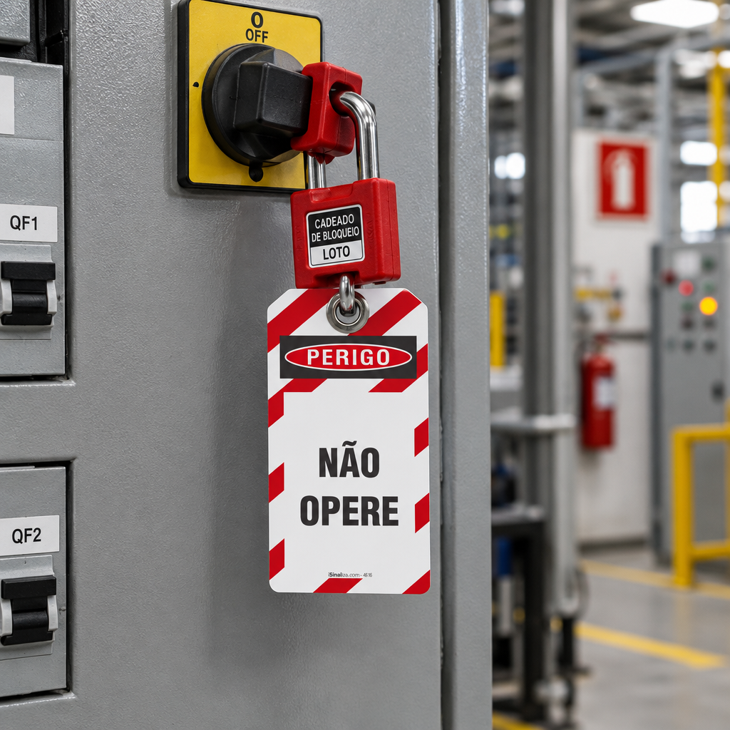 Etiqueta de Bloqueio LOTO "Perigo: Não Opere - Equipamento Travado"