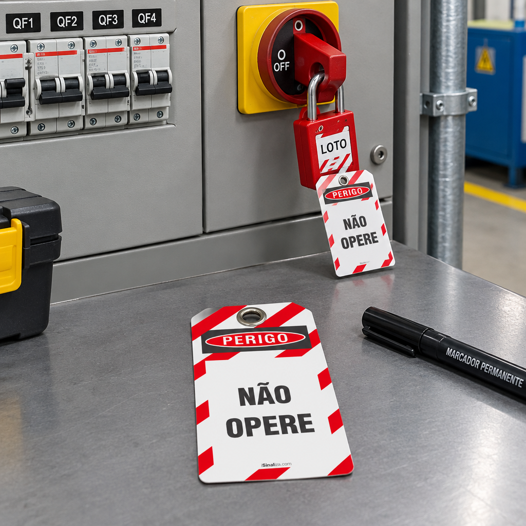 Etiqueta de Bloqueio LOTO "Perigo: Equipamento Bloqueado Por - Não Opere"