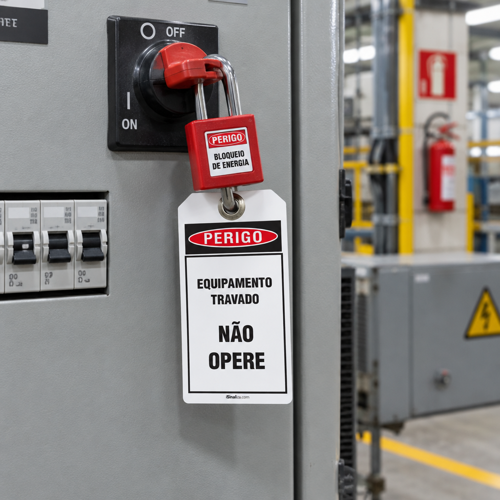 Etiqueta de Bloqueio LOTO "Perigo: Equipamento Travado - Não Opere"